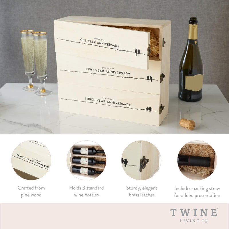 Twine Newlywed's Anniversary Wooden Gift Box with Lids and Brass Latches, Fits 3 Standard Wine Bottles, Wedding Keepsake Boxes, Decorative Storage Case for Mementos - Image 2